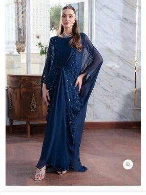 Navy Long-Sleeve Beaded Evening Dress
